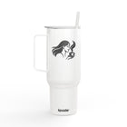 A white insulated travel tumbler with a handle, clear lid, and white straw. The front features a black graphic of a woman holding a coffee cup, and the brand name 'koozie' is printed near the bottom.