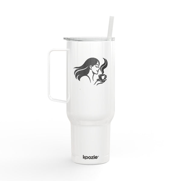 A white insulated travel tumbler with a handle, clear lid, and white straw. The front features a black graphic of a woman holding a coffee cup, and the brand name 'koozie' is printed near the bottom.