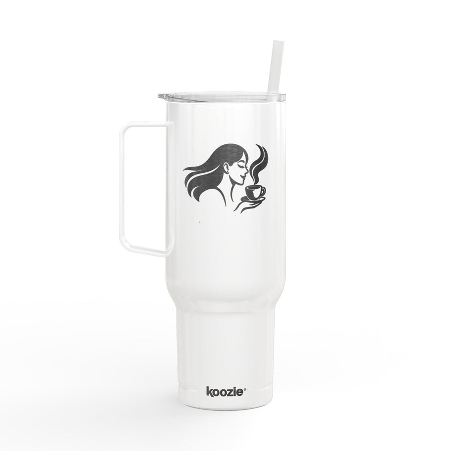 A white insulated travel tumbler with a handle, clear lid, and white straw. The front features a black graphic of a woman holding a coffee cup, and the brand name 'koozie' is printed near the bottom.