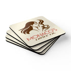 A stack of four square coasters with rounded corners on a white background. The top coaster is cream-colored with a brown illustration of a woman drinking coffee and the red and brown text 'MONACO'S COFFEE CO.