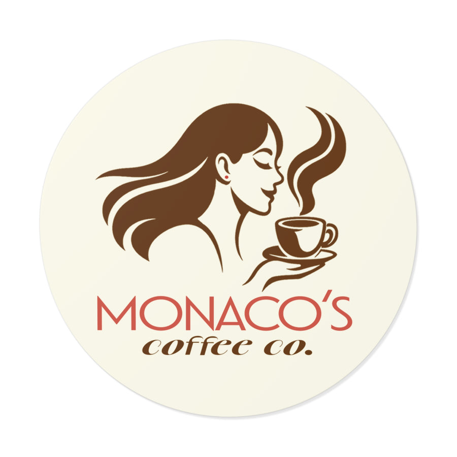 Monaco's Coffee Co. Logo Round Vinyl Sticker — Retro Café Branding Sticker
