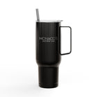 Black insulated mug with handle and straw on a white background