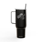 A black Koozie travel tumbler with a handle, clear lid, and gray straw, featuring a frosted graphic of a woman with long hair and a teacup. The Koozie brand name is visible near the base.