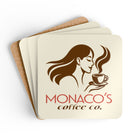 Four square coasters stacked slightly offset, with the top coaster showing a cream background, a brown illustration of a woman holding a steaming coffee cup, and the text 'MONACO'S coffee co.' in brown and red.