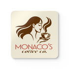 A square cream-colored coaster or tile with rounded corners, featuring a brown line-art illustration of a woman holding a steaming coffee cup, with the text 'MONACO'S coffee co.' in red and brown below.