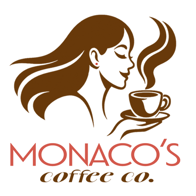 The Monaco's illustration: a woman in profile holding a cup of coffee